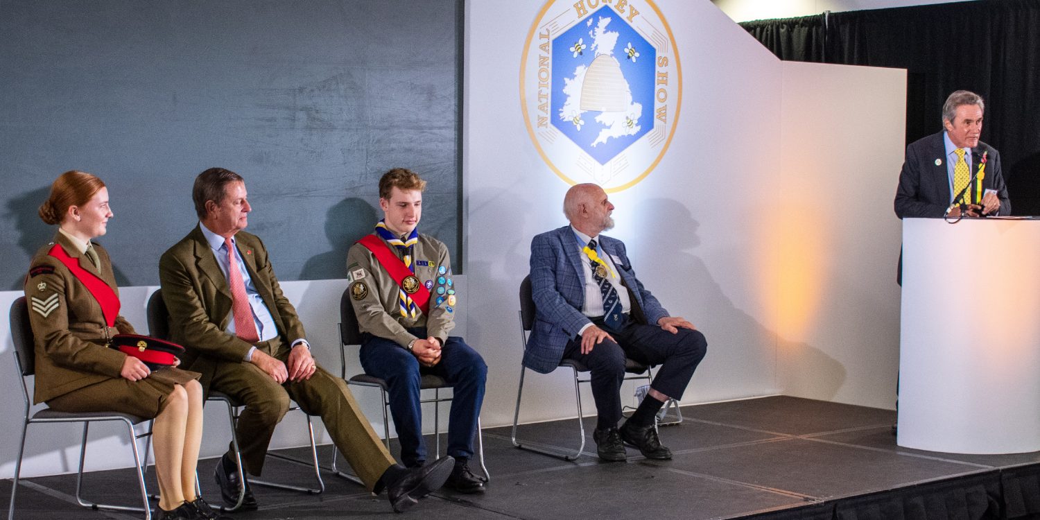 HM Lord-Lieutenant of Surrey Michael More-Molyneux with his cadets, the show's president Jeremy Burbidge, and chair, Bob Maurer at the prize giving ceremony, 2025